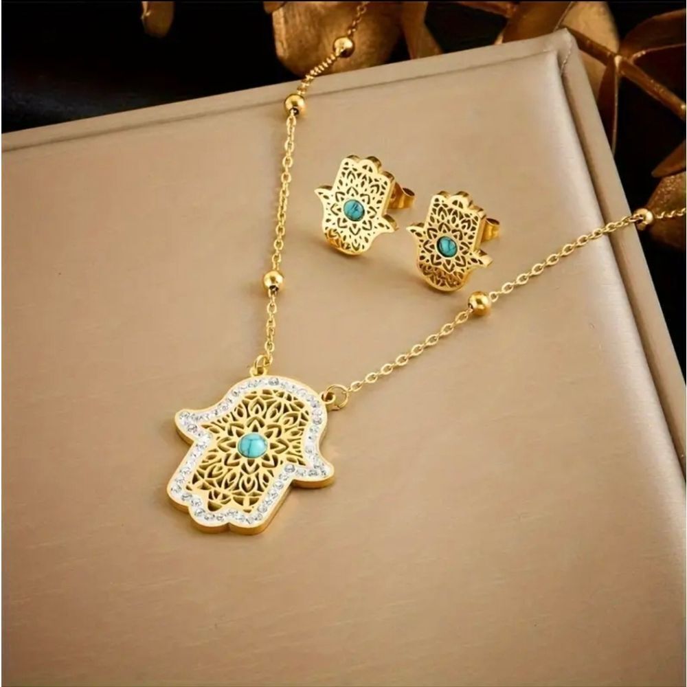Ethnic Style Gold Hand Necklace & Earrings Set With Turquoise & Zirconia
